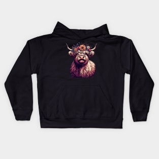 Funny scottish highland cow with flower crown Kids Hoodie